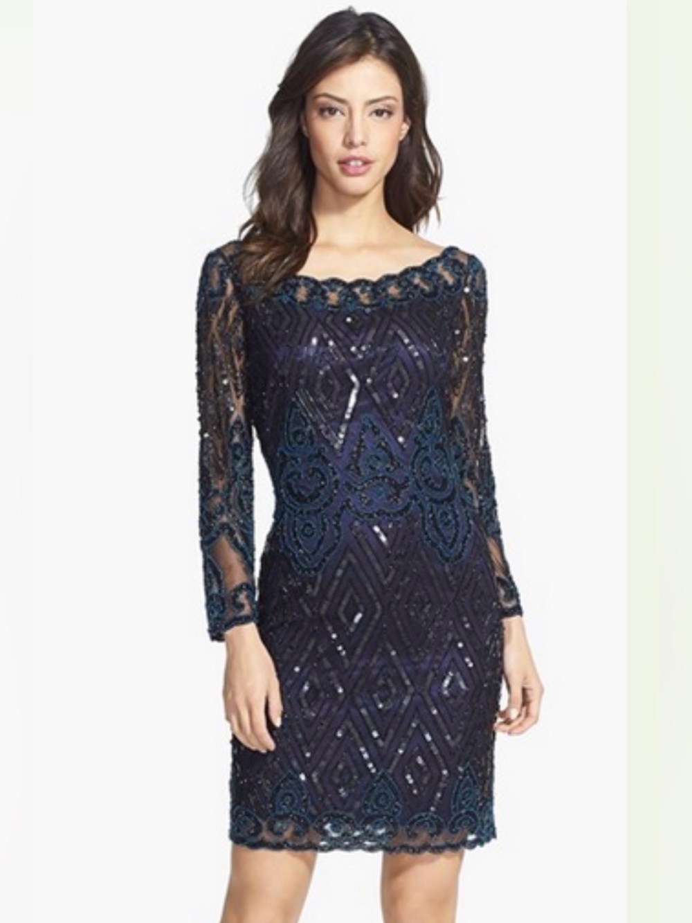 Pisarro Nights Beaded Navy & Teal Lace Cocktail Dress